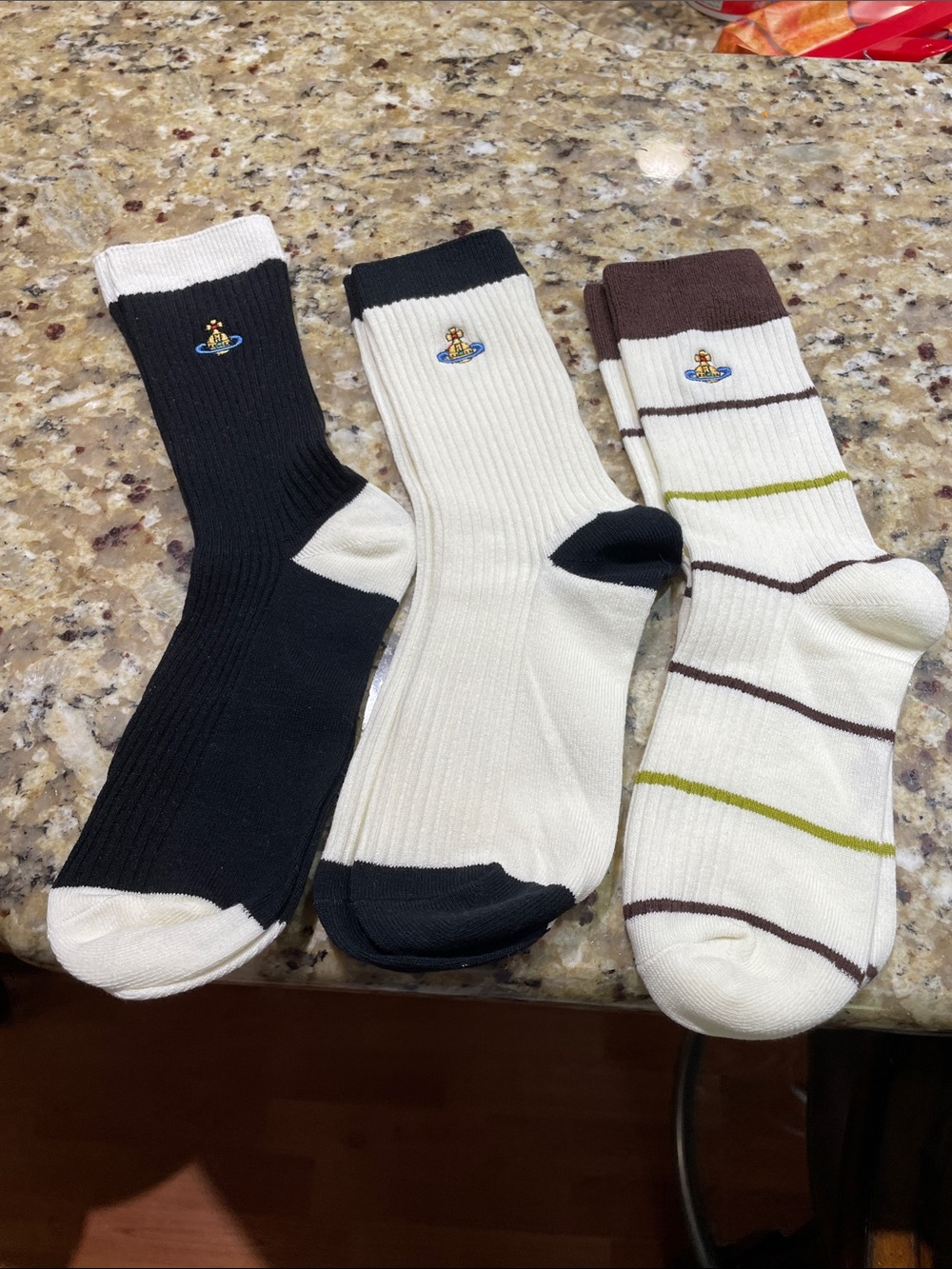 Vivienne Westwood Trio Crew Socks in Black, White, and Brown Stripes